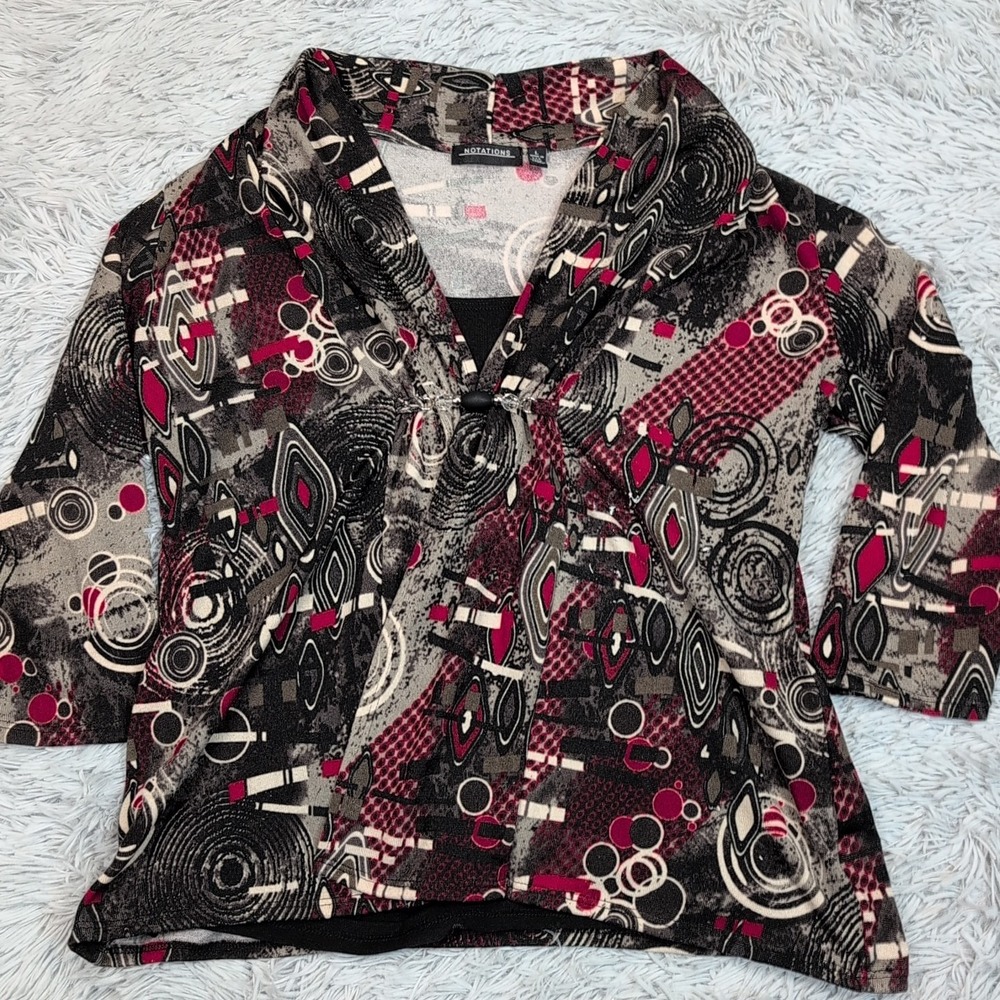Vintage Notations Shirt Womens L Black Red Blouse Casual Top Comfort Geometric